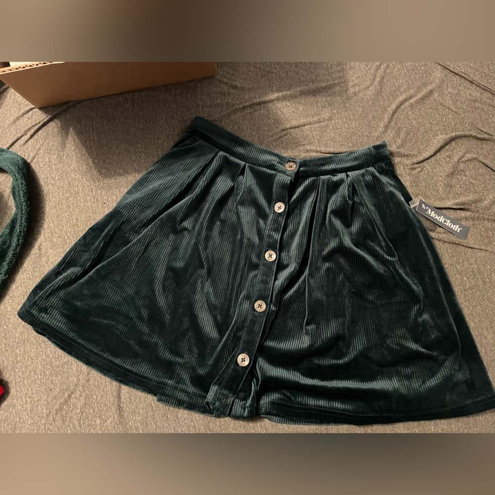 ModCloth Dark Green Velvet Button-Front Circle Skirt